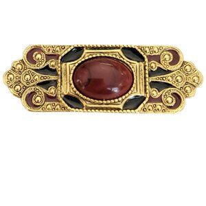 1928 Brand Gold Tone Red Lucite Cab Bar Brooch Pin, M720
